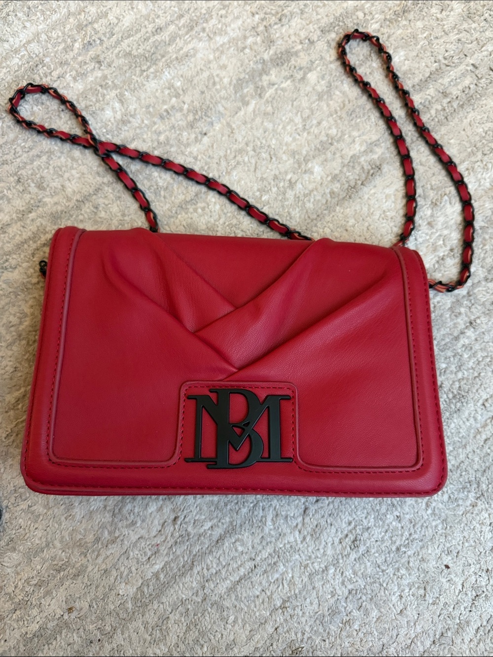 Badgley Mischka Red Leather Chain-Trim Crossbody with MB Logo